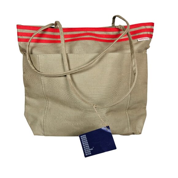 Vintage Large SuperSac Shopper Tote Bag With Stripes Khaki & Red Canvas NEW - Picture 1 of 9